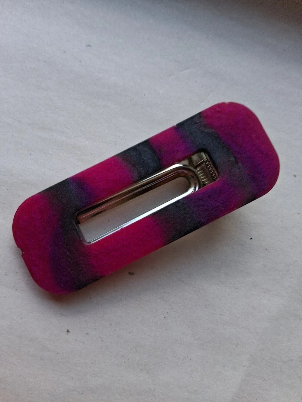5/$25 Hand Crafted Fuchsia and Black Resin Rectangle Hair Barrette